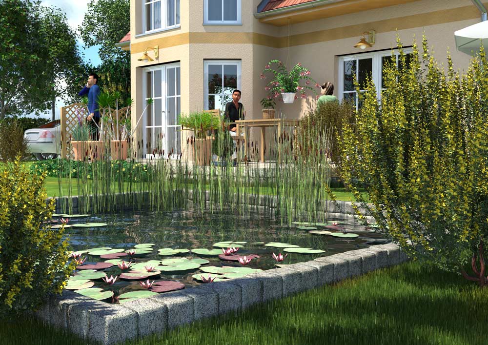 3D-Illustration eines Einfamilienhauses, Gartenbereich